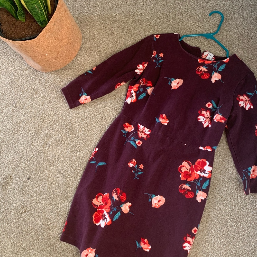 Maroon and Flower Office Dress